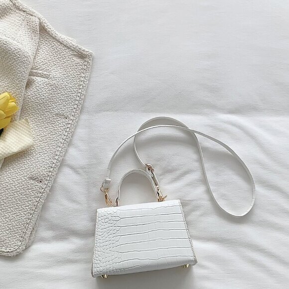 White Elegant Women's Mini Crocodile Embossed Flap Square Handbag - Picture 5 of 8